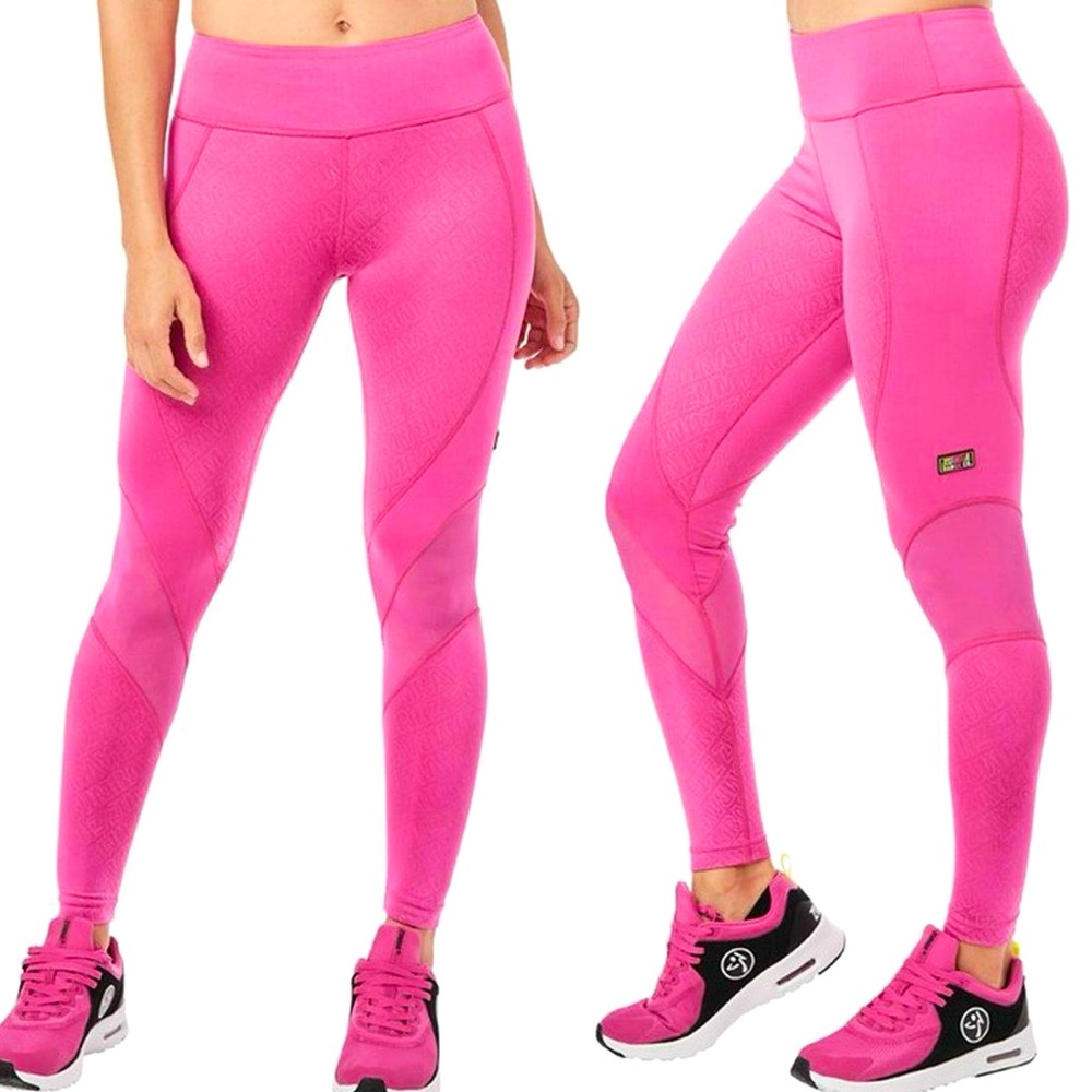 Zumba NWT Zumba Graphic‎ Print Mesh Panel Pin A Rose Bright Pink Ankle Leggings